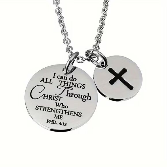 Stainless Steel Engraved Cross Inpirational Double Pendant Necklace Religious - Picture 1 of 3